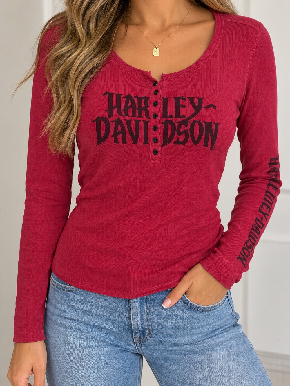 Harley Davidson Womens XL Henley Thermal Shirt Red Long Sleeve Graphic Biker